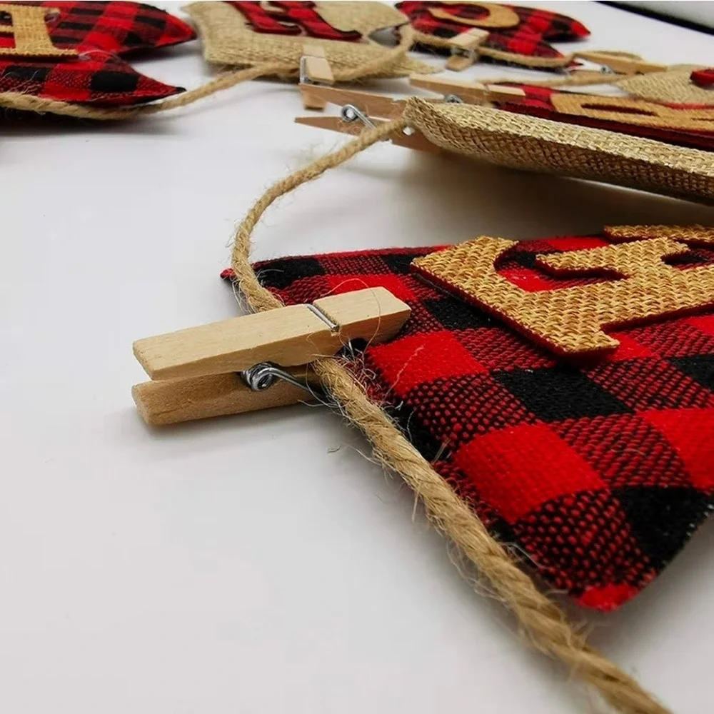 Merry Christmas Burlap Banner Red Buffalo Plaid Stocking Garland Rustic Decor